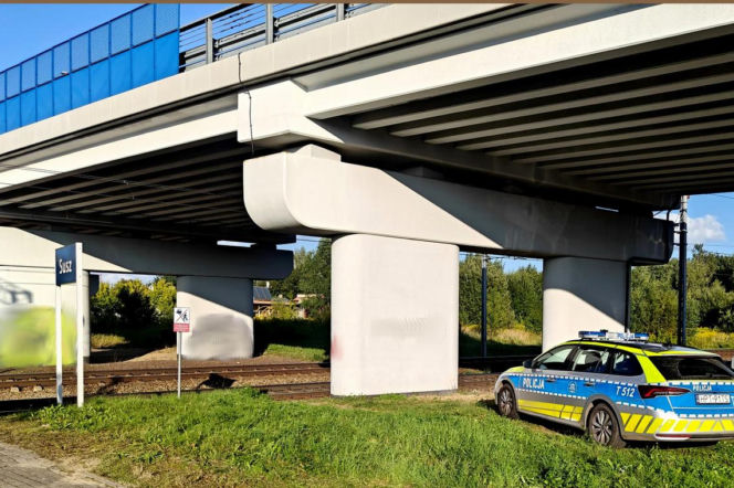 Radiowóz pod wiaduktem kolejowym w Suszu, gdzie pociąg potrącił 65-latka. O wypadku przeczytasz na Eska Iława.