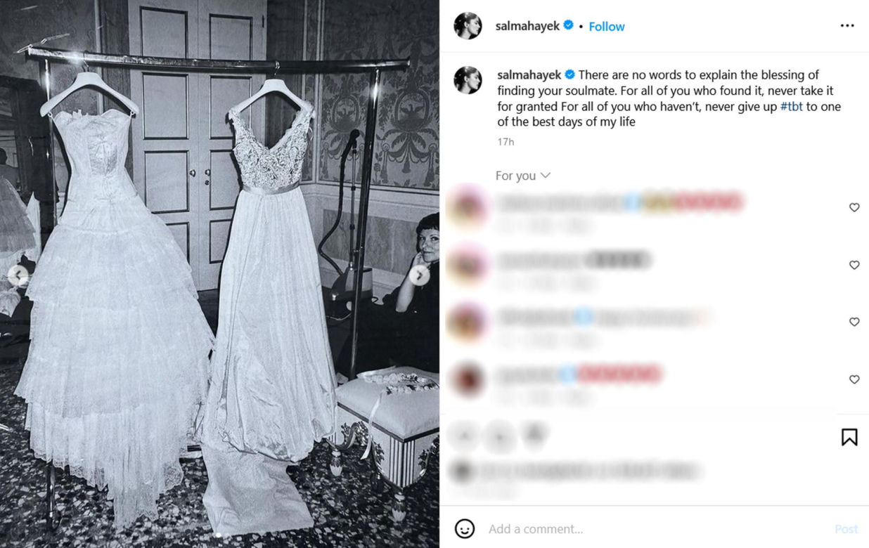 Salma Hayek pokazała niepublikowane zdjęcia ze ślubu. Tak wyglądała 15 lat temu. Wow!