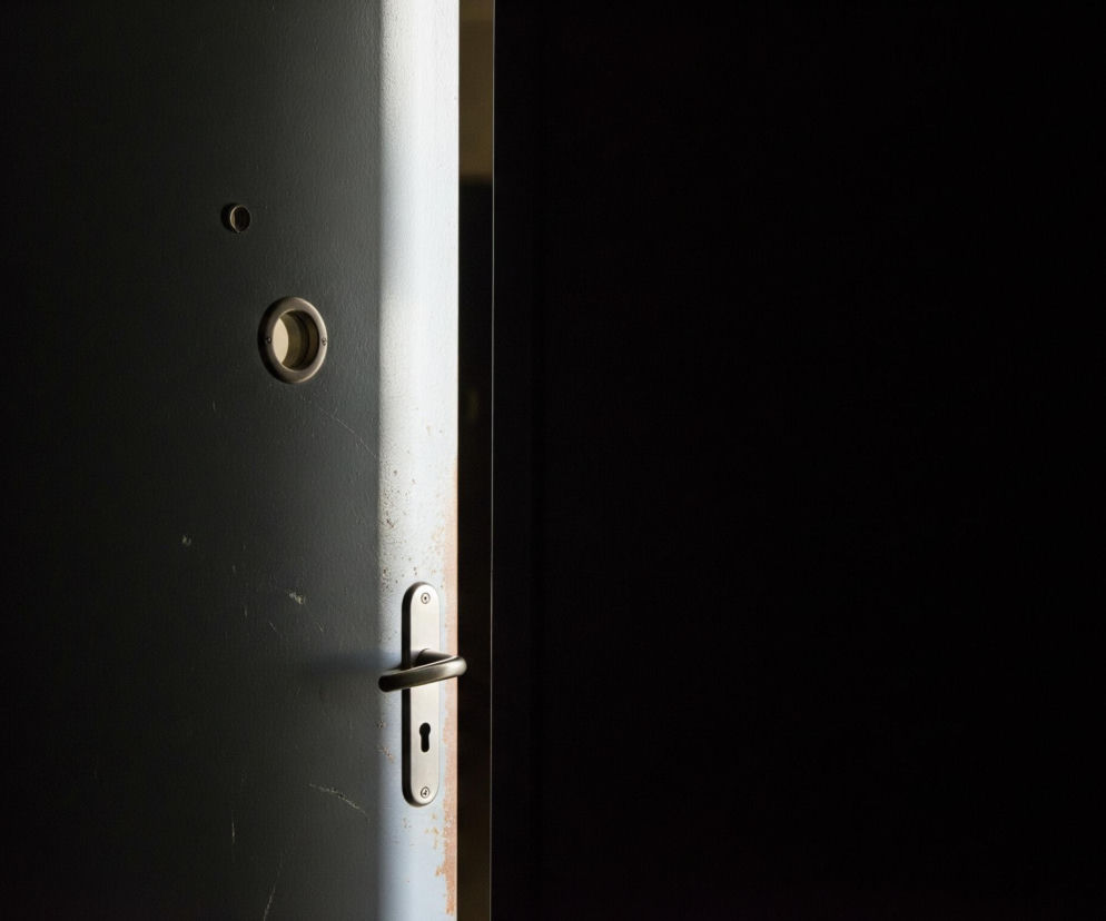 Ciemne, szare drzwi są lekko uchylone, ukazując pionowy pas jasnego światła w szczelinie po prawej stronie. Na powierzchni drzwi widoczne są drobne zadrapania i jaśniejsze przetarcia, a także elementy okuć w kolorze mosiądzu lub szczotkowanego metalu: judasz na górze i wizjer poniżej. Nieco niżej, w dolnej części drzwi, znajduje się srebrna klamka z zamkiem, wyraźnie kontrastująca z ciemnym tłem. Prawa strona obrazu to gęsta czerń, zasłaniająca wnętrze lub dalszą przestrzeń.