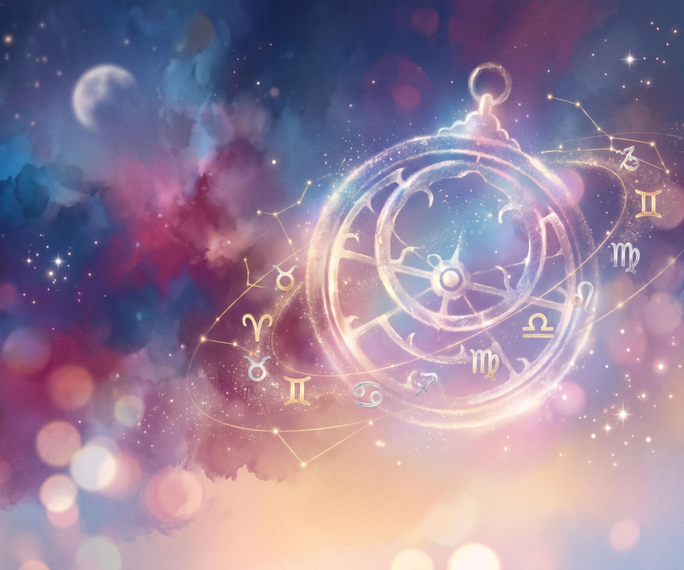 Świecący zegar astronomiczny z symbolami zodiaku na tle nocnego nieba. O horoskopie dziennym przeczytasz na VOX FM.