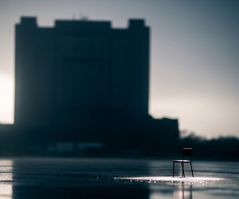 Na pierwszym planie, w dolnej części kadru, znajduje się ciemnobrązowe krzesło z czterema nogami i niskim oparciem, zwrócone w lewo. Krzesło stoi na błyszczącej, odbijającej światło powierzchni, która tworzy rozmyte lustrzane odbicie jego nóg. Powierzchnia ta jest mokra, z widocznymi drobnymi kropelkami wody odbijającymi jasne światło, tworząc refleksy. W tle, za krzesłem, dominuje duży, prostokątny, ciemny budynek o kilku piętrach i spłaszczonym dachu, z niewielkimi, prostokątnymi elementami wystającymi u góry, który jest rozmyty i przypomina sylwetkę. Całość tonie w mrocznej, niebiesko-szarej tonacji, z jaśniejszym obszarem w górnym lewym rogu obrazu, sugerującym źródło światła.