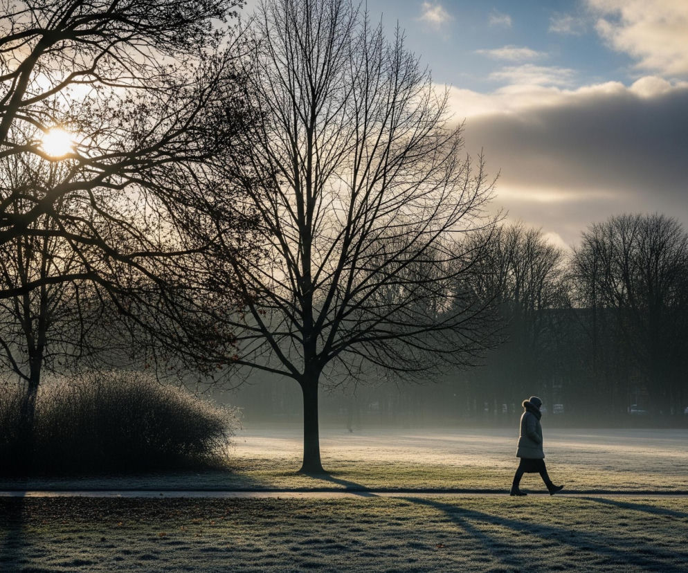 Po prawej stronie obrazu, w dolnej części kadru, idzie postać kobiety w płaszczu i czapce z futrzanym obszyciem, rzucając długi cień na pokrytą szronem trawę. Po lewej stronie kadru oraz w centrum znajdują się dwa duże, bezlistne drzewa, ich ciemne sylwetki wyraźnie odcinają się od jasnego, rozświetlonego słońcem nieba. Słońce, widoczne za gałęziami lewego drzewa, tworzy wyraźną poświatę i rozbłysk. Horyzont wyznacza pas gęstych, ciemnych krzewów, a dalsza perspektywa ukazuje zamglony krajobraz z oddalonymi drzewami i ciemniejszym pasmem chmur na niebie, gdzie dominuje błękit.
