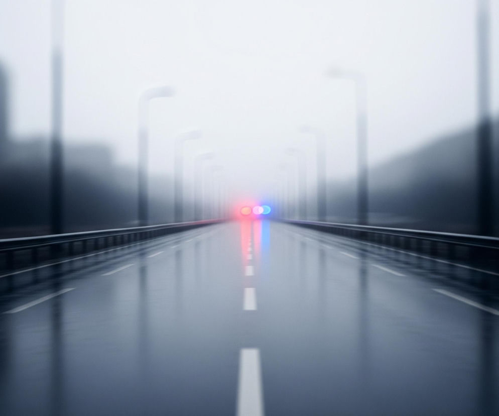 Długa, prosta droga biegnie przez centrum kadru, zbiegając się w dalekiej perspektywie, gdzie widoczne są rozmyte czerwone i niebieskie światła. Nawierzchnia drogi jest ciemnoszara i mokra, z odbiciami światła, a białe, przerywane linie rozdzielające pasy ruchu są wyraźne na pierwszym planie i zanikają w oddali. Po obu stronach drogi ciągną się czarne barierki, za którymi wznoszą się szeregi latarni ulicznych o prostym, zakrzywionym kształcie, zanikające w jasnej, zamglonej bieli. W tle, po lewej i prawej stronie, rysują się rozmyte sylwetki ciemnych budynków lub wzgórz, wtapiające się w tło.