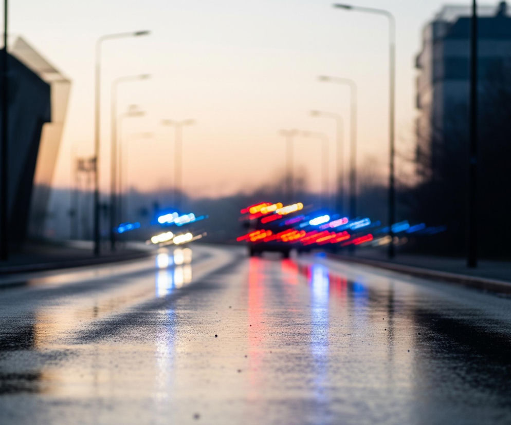 Mokra droga asfaltowa, rozciągająca się od dołu do centrum kadru, odbija rozmyte światła pojazdów. Po obu stronach jezdni widać chodniki, a wzdłuż nich, w oddali, stoją rzędy słupów oświetleniowych. Na horyzoncie, pod zachodzącym słońcem w odcieniach pomarańczu i bieli, rysują się niewyraźne sylwetki budynków, z których jeden, ciemny i kanciasty, dominuje po lewej stronie.