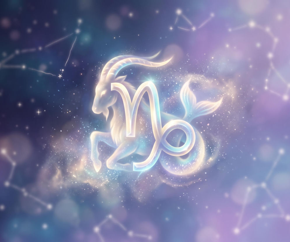 Świecący symbol znaku zodiaku Koziorożec na tle gwieździstego nieba. O sukcesach Koziorożca przeczytasz w Eska.