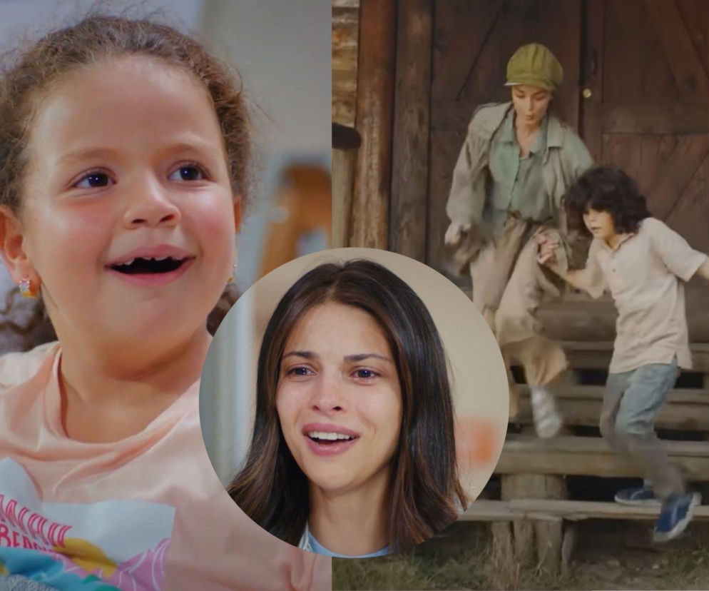 Kolaż przedstawiający małą Doğę z otwartymi ustami i szerokim uśmiechem, szczęśliwą Ayse w szpitalu oraz Nanę i Yusufa uciekających ze starego drewnianego budynku, co idealnie oddaje emocje związane z fabułą serialu Dziedzictwo, o którym przeczytasz więcej na Super Seriale.