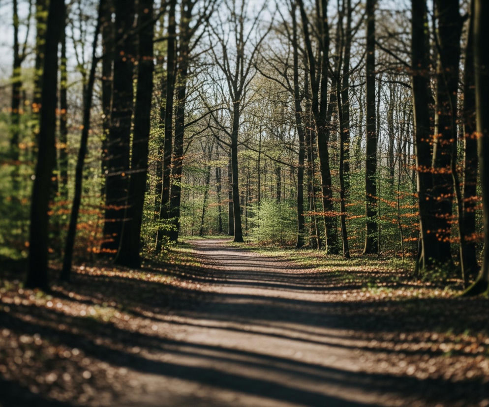 Piaszczysta ścieżka biegnie przez las, otoczona wysokimi drzewami o nagich, ciemnobrązowych pniach. W oddali widoczne są gałęzie drzew pokryte drobnymi, jasnozielonymi listkami, z których niektóre przyjmują barwy jesieni, od pomarańczowych do brązowych. Słońce przenika przez korony drzew, tworząc na drodze i podłożu mozaikę światła i cienia, podkreślając leżące na ziemi suche liście. Główna część obrazu jest ostra, natomiast obszary na skrajach są delikatnie rozmyte.