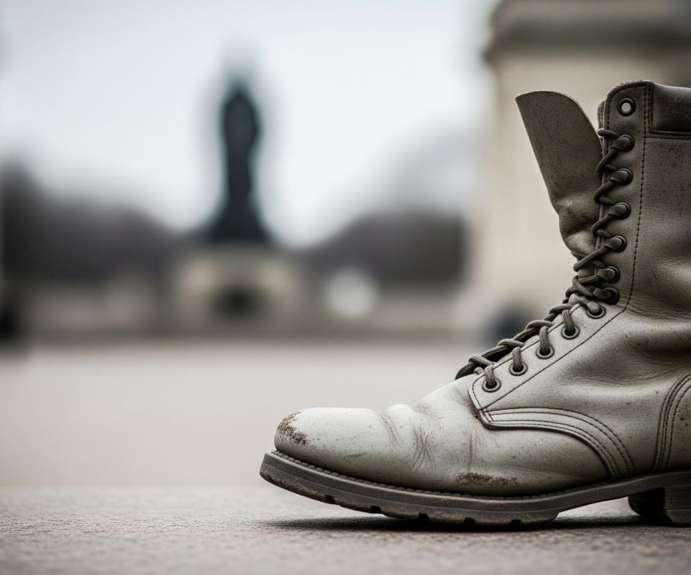 Samotny, szary but stoi na chodniku z bliska, dominując prawą stronę kadru. But, o wysokiej cholewce i sznurowaniach, ma wyraźne ślady zużycia i zabrudzeń, a jego podeszwa jest czarna i masywna. W tle, rozmyte i niewyraźne, widać elementy architektury oraz zarys ciemnej postaci, prawdopodobnie posągu, na tle jasnego, zamglonego nieba.