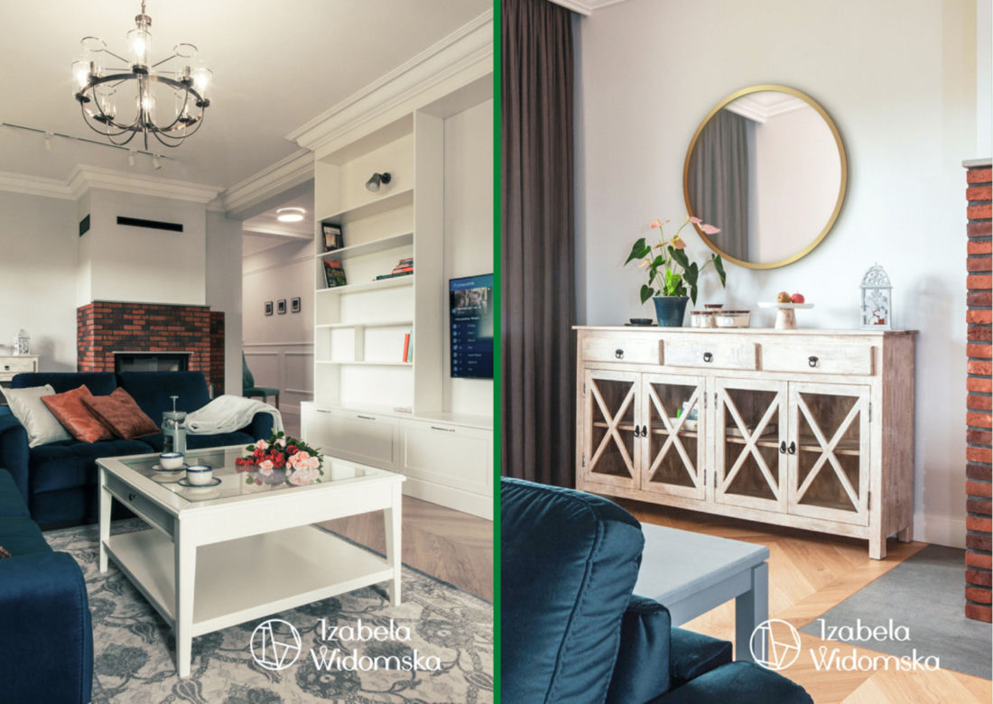 Salon z ciemnoniebieską sofą