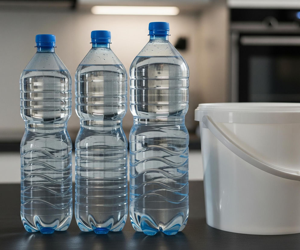 Trzy przezroczyste plastikowe butelki z niebieskimi zakrętkami, wypełnione klarowną wodą, stoją na ciemnym, matowym blacie. Obok nich, po prawej stronie, znajduje się białe, plastikowe wiadro z rączką tego samego koloru. W tle widać niewyraźne zarysy kuchni z jasnymi szafkami i ciemnym piekarnikiem.