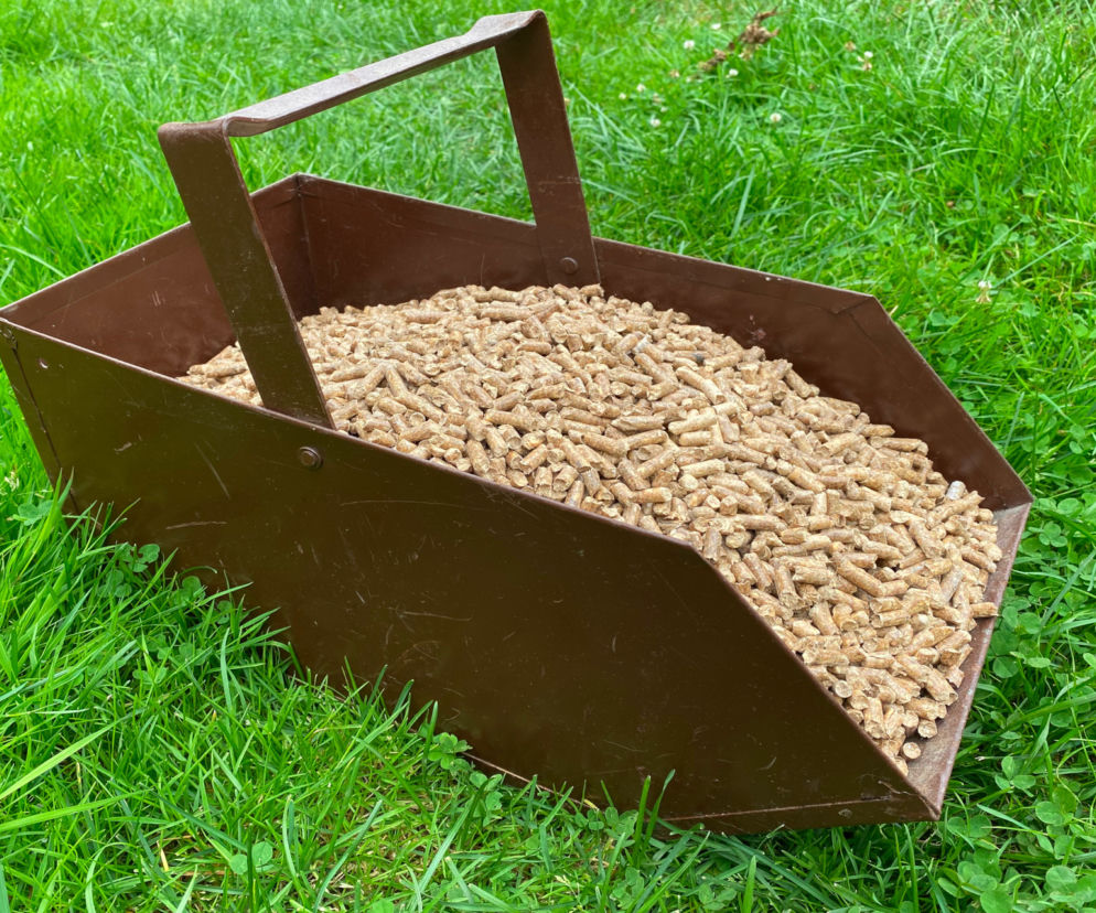 Brązowy metalowy pojemnik z pelletem drzewnym stoi na zielonej trawie. O aktualnych cenach opału przeczytasz na testuś.