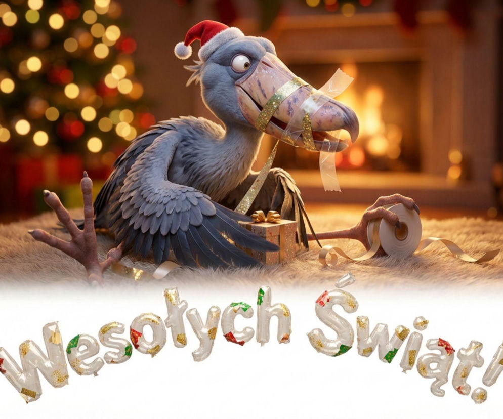 Trzewikodziób pakujący świąteczne prezenty