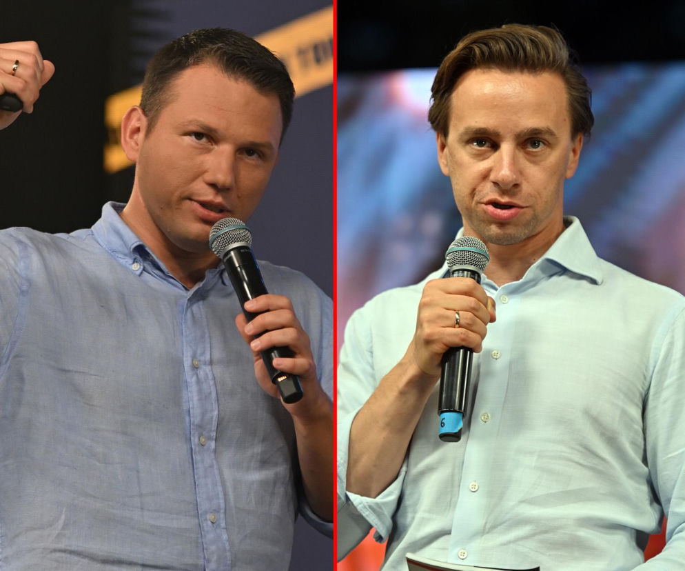 Sławomir Mentzen i Krzysztof Bosak trzymają mikrofony. O sondażu na premiera prawicy przeczytasz na SE Polityka.
