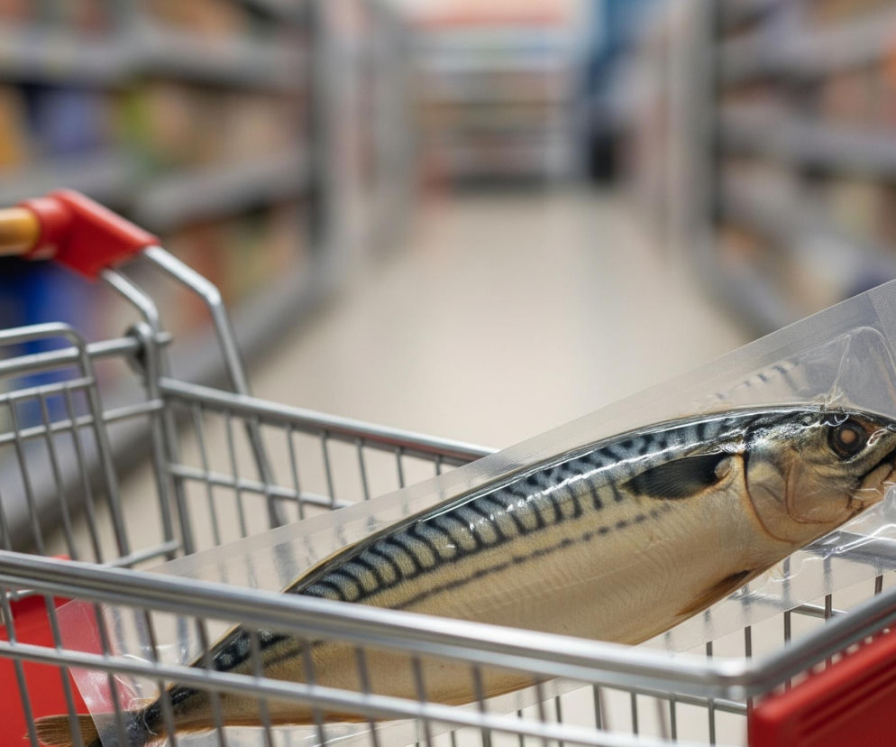 Opakowana makrela w koszyku na zakupy w supermarkecie. Ceny żywności w Polsce oraz analiza inflacji w listopadzie 2025 roku, o czym przeczytasz na portalu Super Biznes.