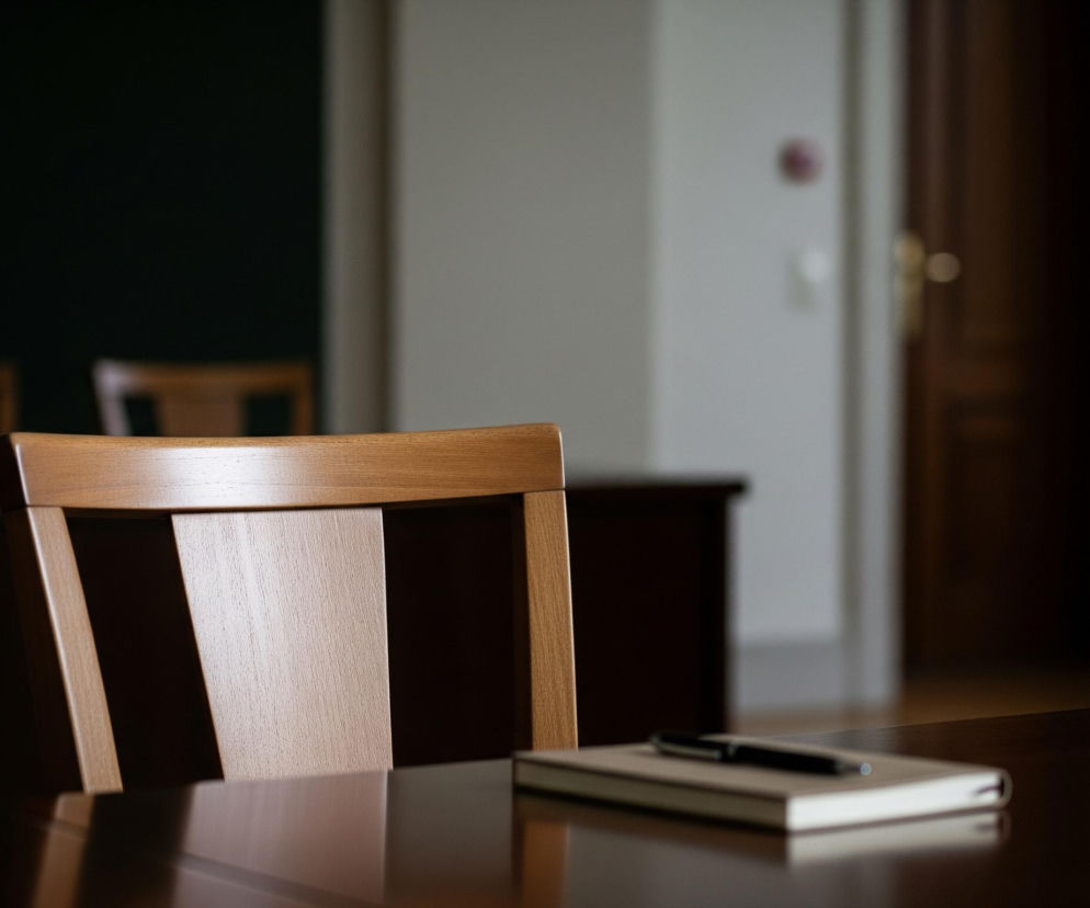 Na pierwszym planie, z lewej strony, widać oparcie drewnianego krzesła w odcieniu jasnego brązu, z pionowymi listwami tworzącymi ażurową konstrukcję. Przed krzesłem znajduje się błyszczący, ciemnobrązowy blat stołu, na którym leży otwarty notes w kremowej oprawie z czarnym długopisem na wierzchu. W tle, po lewej stronie, widoczne są fragmenty dwóch innych, podobnych drewnianych krzeseł i ciemna, prawdopodobnie czarna ściana, natomiast po prawej stronie znajduje się jasna, beżowa ściana oraz ciemne, drewniane drzwi z metalową klamką.