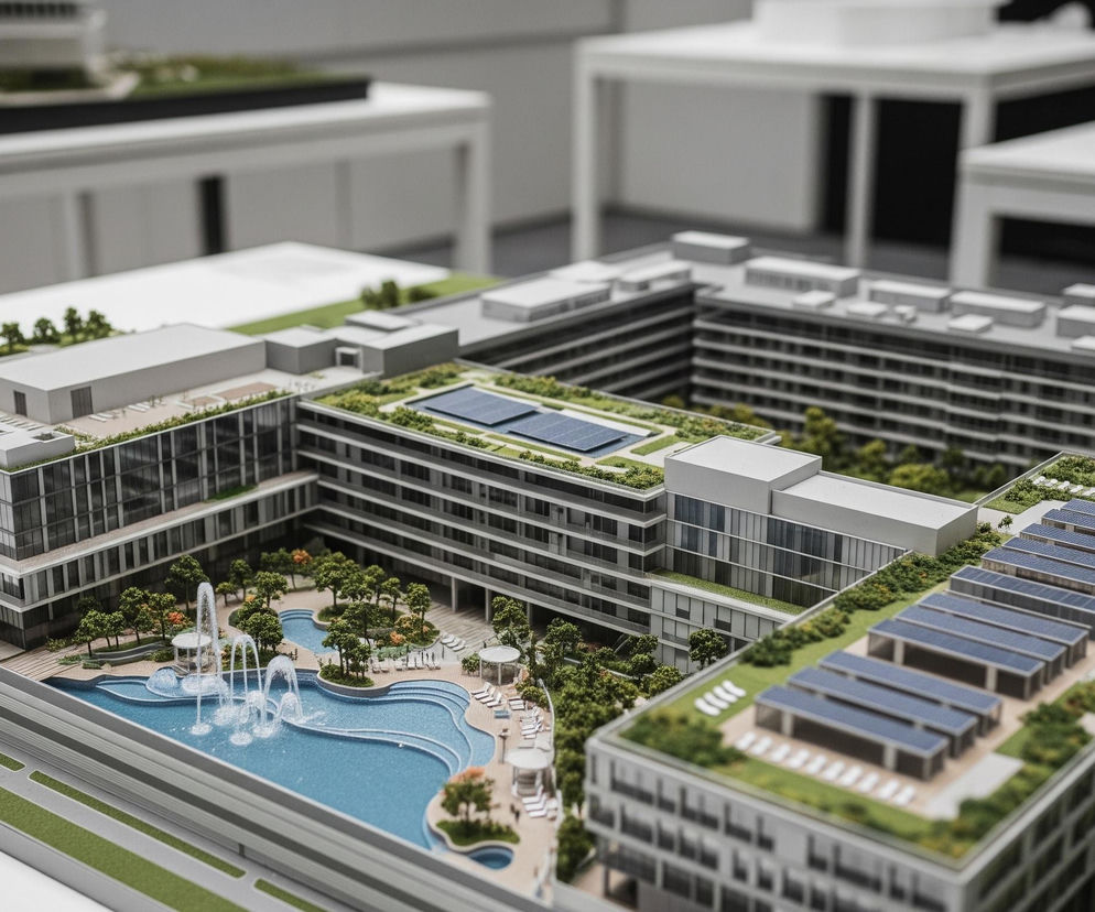 Miniaturowy model architektoniczny przedstawia kompleks nowoczesnych budynków z basenami i zielonymi dachami. Trzy główne budynki w kształcie litery U otaczają wewnętrzny dziedziniec z krętymi basenami w jasnoniebieskim kolorze, licznymi fontannami, leżakami i miniaturowymi drzewami, tworzącymi bujny krajobraz. Na dachach wielu sekcji budynków widoczne są panele słoneczne oraz obszary zieleni, a ich fasady charakteryzują się licznymi oknami i balkonami. Całość osadzona jest na białej podstawie z elementami imitującymi drogi i trawniki, a w tle widać rozmyte, białe konstrukcje kolejnych modeli.