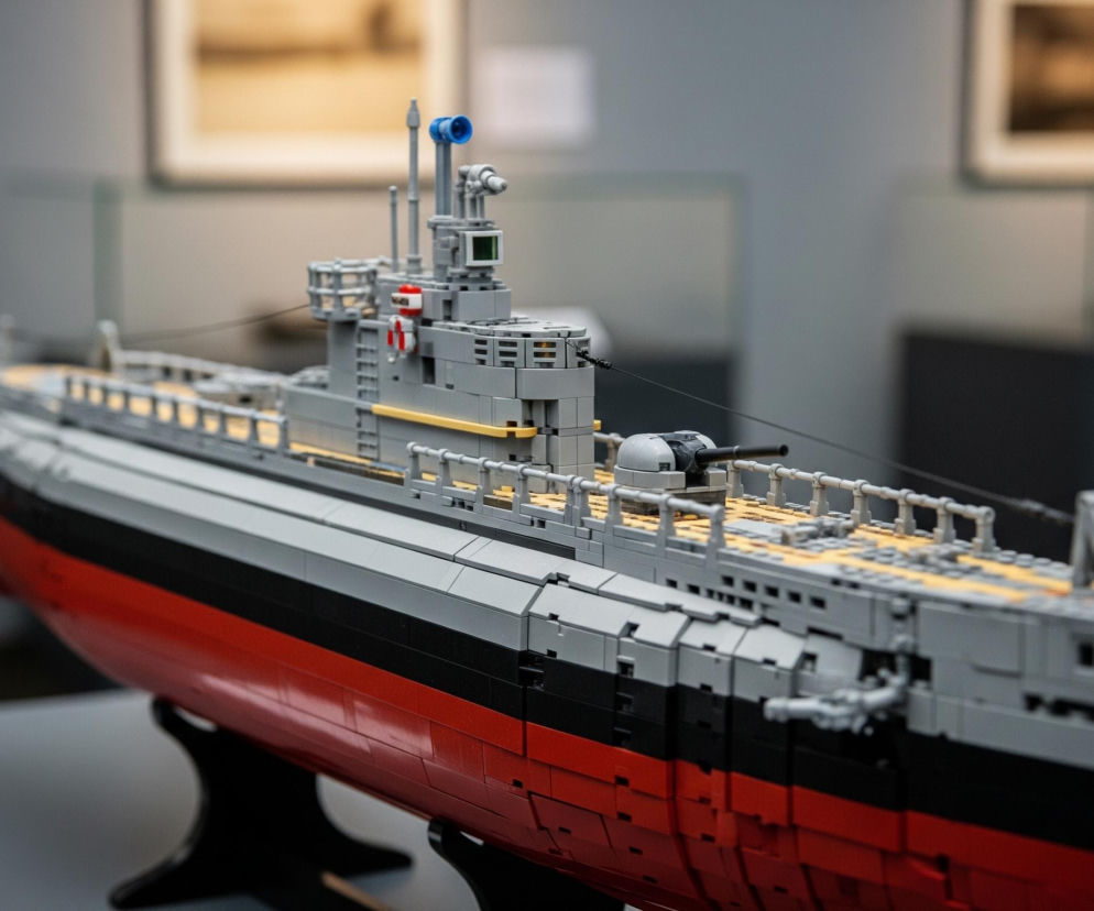 Szary model okrętu podwodnego wykonany z klocków stoi na ciemnej podstawie, zajmując centralną część kadru. Burta okrętu jest trójkolorowa: dominująca czerwień w dolnej części, czarny pas pośrodku oraz szary pas na samej górze. Na pokładzie, w jego tylnej części, znajduje się nadbudówka w kolorze szarym, z widocznymi żółtymi elementami i drobnymi, niebieskimi detalami na szczycie. W tle, rozmyte, widoczne są ściany w odcieniach szarości oraz dwa jasne, prostokątne obrazy w ramkach.