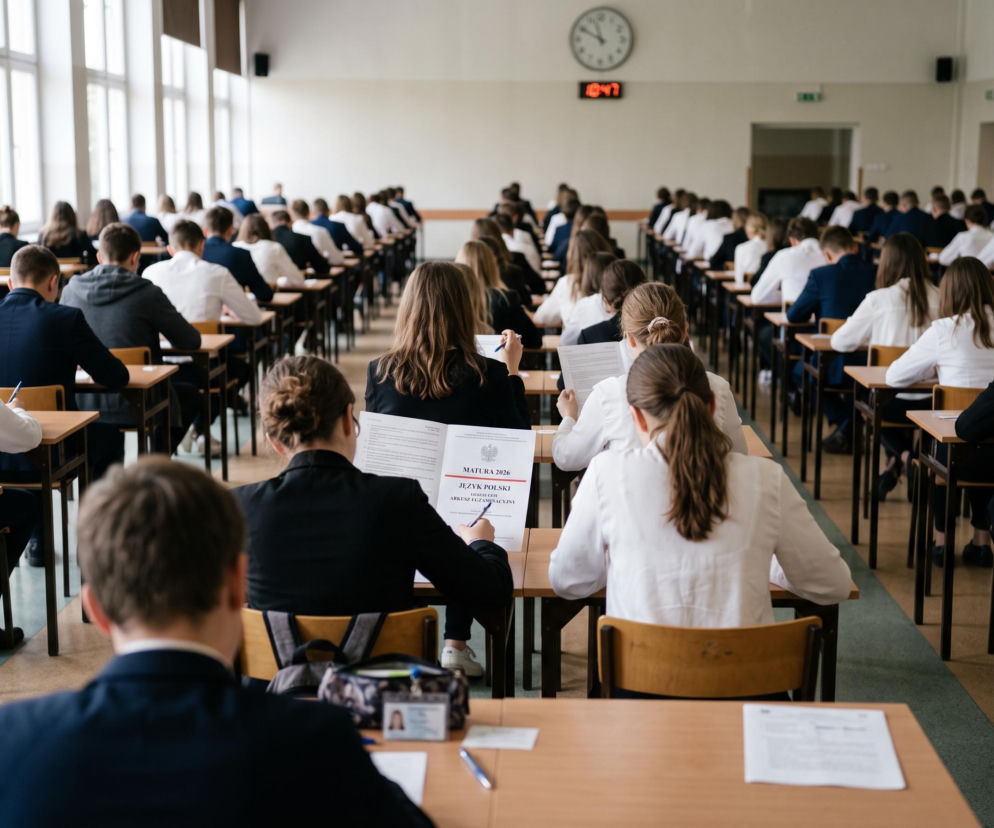 Uczniowie w ławkach piszą egzamin z języka polskiego. O wynikach matur w Katowicach przeczytasz na SE.