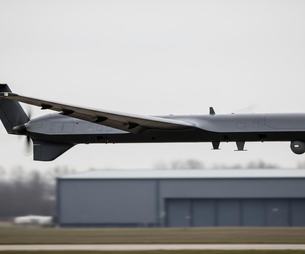 Ciemnoszary dron z płatami w kształcie litery „V” i zielonym światłem na lewym skrzydle unosi się w powietrzu na tle jasnego, zachmurzonego nieba. Pod kadłubem, z tyłu, widać obracające się śmigło, a z przodu wystającą z obudowy kamerę kulistą. Poniżej, w tle, widoczne są rozmyte sylwetki ciemnych drzew, brązowo-zielonego gruntu, asfaltowego pasa startowego oraz szarego budynku hangaru z jasnymi bramami.