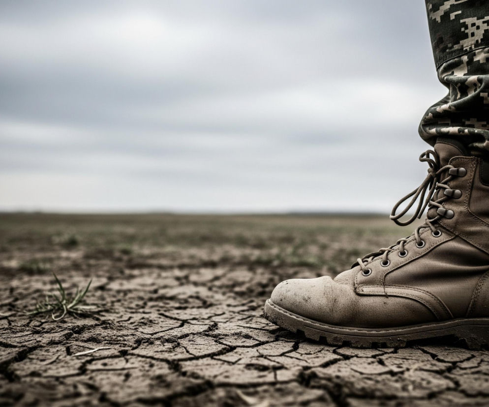 Prawy dolny róg obrazu zajmuje stopa osoby stojącej na suchej, popękanej ziemi. Osoba ma na sobie militarne spodnie w kamuflażu cyfrowym, w odcieniach zieleni, brązu i szarości. Noga jest ubrana w beżowy, sznurowany but wojskowy, pokryty kurzem i zabrudzeniami. Tło stanowi rozległe, bezkresne pole usłane suchą, spękaną ziemią, z kilkoma uschniętymi źdźbłami trawy, pod zachmurzonym, szarym niebem.