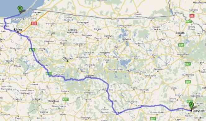 Trasa E77 Białystok-Krynica Morska - mapka