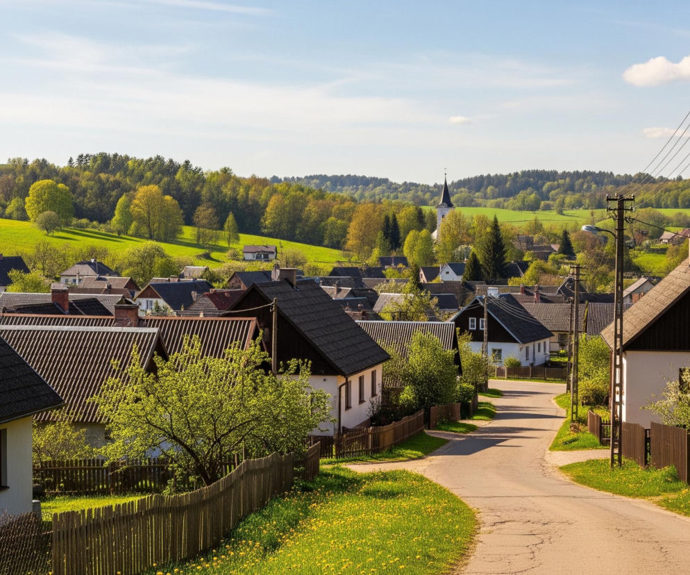 Pomiędzy bujnymi zielonymi wzgórzami z gęstymi lasami na horyzoncie, rozciąga się wiejska miejscowość. W centrum kadru wije się asfaltowa droga, otoczona po obu stronach niskimi płotami z drewnianych sztachet, za którymi widać białe domy z ciemnymi, spadzistymi dachami. Liczne drzewa i krzewy z jasnozielonymi liśćmi, a także piaszczyste pobocza z żółtymi kwiatami dodają krajobrazowi wiosennego charakteru. W oddali, pośrodku zabudowań, dominuje biała wieża kościoła z ostrym szczytem.