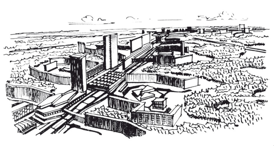 Struktura trojkatowo-lancuchowa. Widok perspektywiczny  wariantu jednogrzbietowego pasma miejskiego, 1963. Fot. materiały prasowe Muzeum Architektury we Wrocławiu