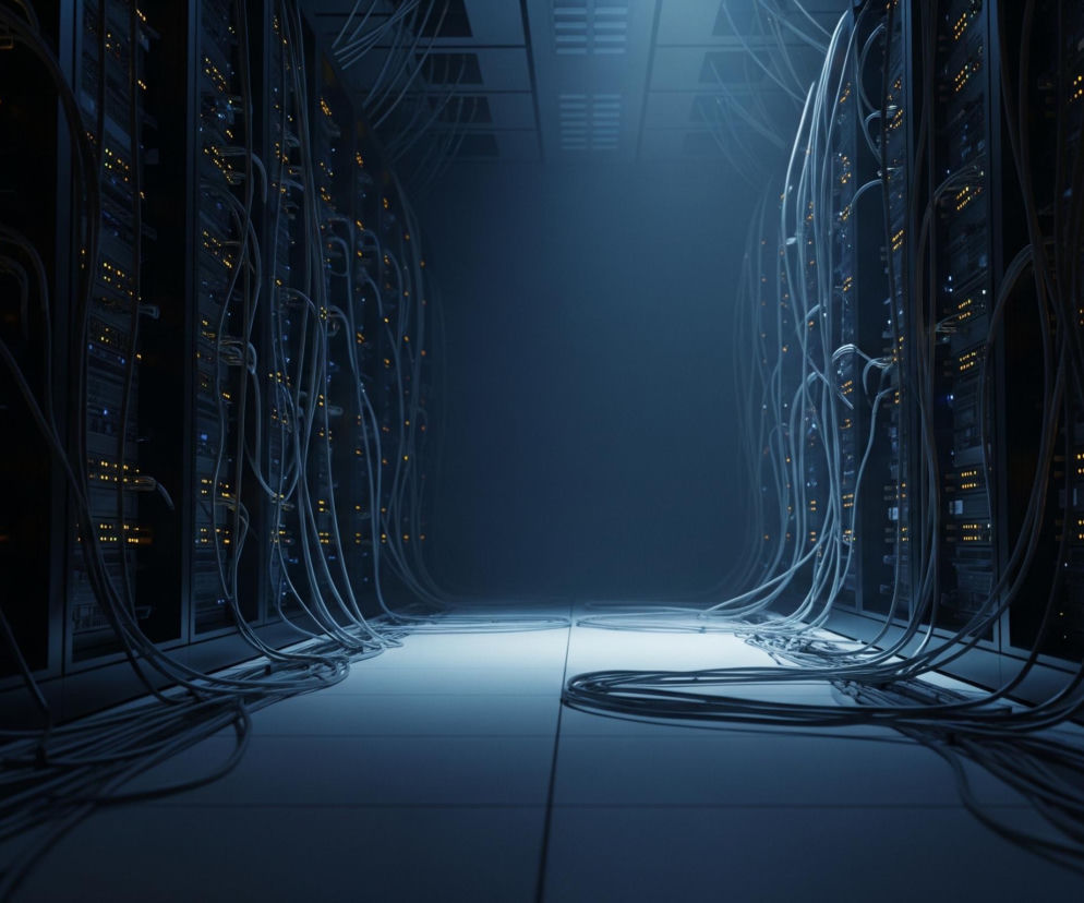 Wąski korytarz serwerowni jest ciemny, oświetlony jedynie przez pulsujące światła urządzeń. Po obu stronach widoczne są rzędy szaf serwerowych, z których wzdłuż ścian i po podłodze ciągną się liczne, grube wiązki kabli w kolorze jasnoszarym. Na frontach serwerów migoczą małe, punktowe diody w odcieniach pomarańczowego, żółtego i niebieskiego. Tło jest zamglone i stopniowo ciemnieje w oddali, potęgując wrażenie głębi.