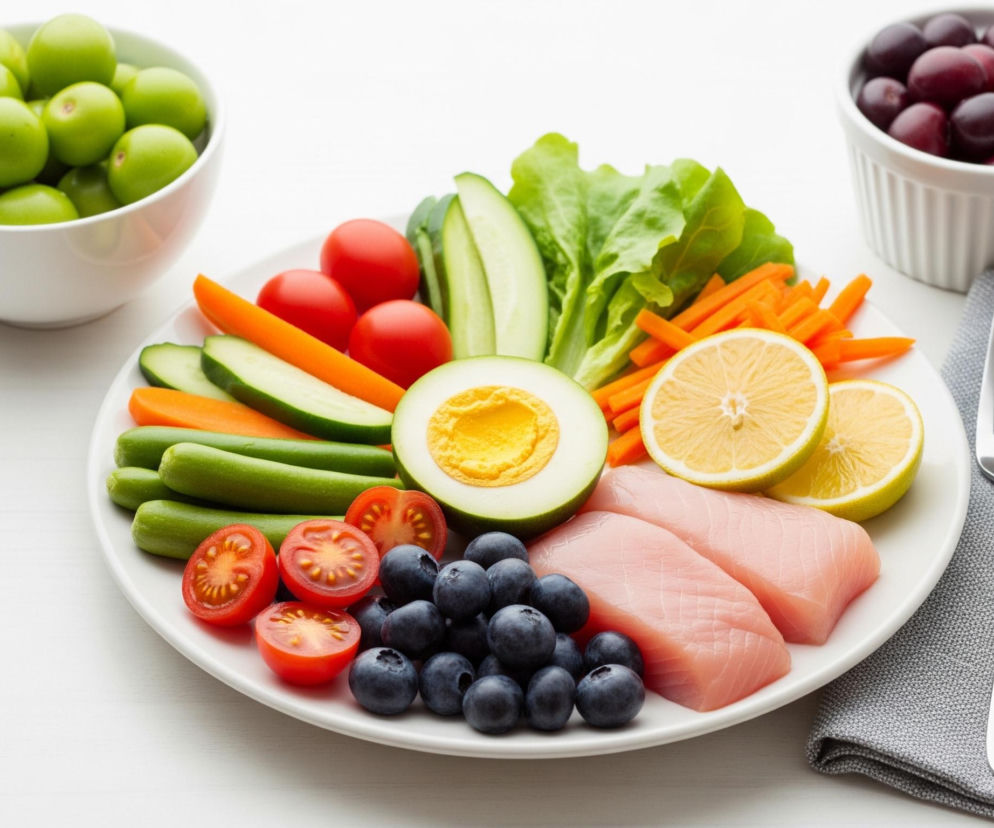 Na białym, prostokątnym talerzu ułożono różnorodne produkty spożywcze, tworząc zbalansowany posiłek. W centrum talerza znajduje się przekrojone na pół jajko na twardo, z wyraźnie żółtym żółtkiem, otoczone warzywami: plastrami ogórka, marchewkami pokrojonymi w słupki, zieloną sałatą, małymi pomidorami przekrojonymi na pół oraz zieloną fasolką szparagową. Obok ułożono dwie surowe, różowe filety rybne i kilka plastrów cytryny, a także garść ciemnoniebieskich jagód. Po lewej stronie kadru, w białej miseczce, znajduje się stos zielonych śliwek, a po prawej stronie, również w białej miseczce, czerwone winogrona. Na szarej serwetce obok talerza leży srebrny widelec i nóż.
