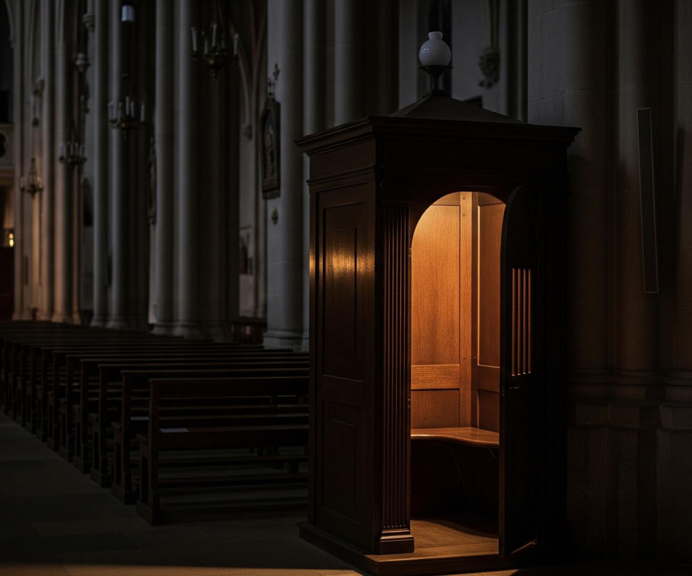 Na pierwszym planie, po prawej stronie, stoi drewniany konfesjonał o ciemnobrązowej barwie, z otwartymi drzwiami ukazującymi jasne, ciepłe światło w jego wnętrzu i drewnianą ławkę. Wzdłuż lewej części obrazu, w głąb perspektywy, ciągną się rzędy ciemnych, drewnianych ławek kościelnych, w większości pogrążone w cieniu. W tle widoczne są wysokie, kolumnowe filary oraz fragmenty oświetlonego ołtarza ze świecami na końcu długiej nawy. Całe wnętrze kościoła jest słabo oświetlone, co tworzy tajemniczą i stonowaną atmosferę.