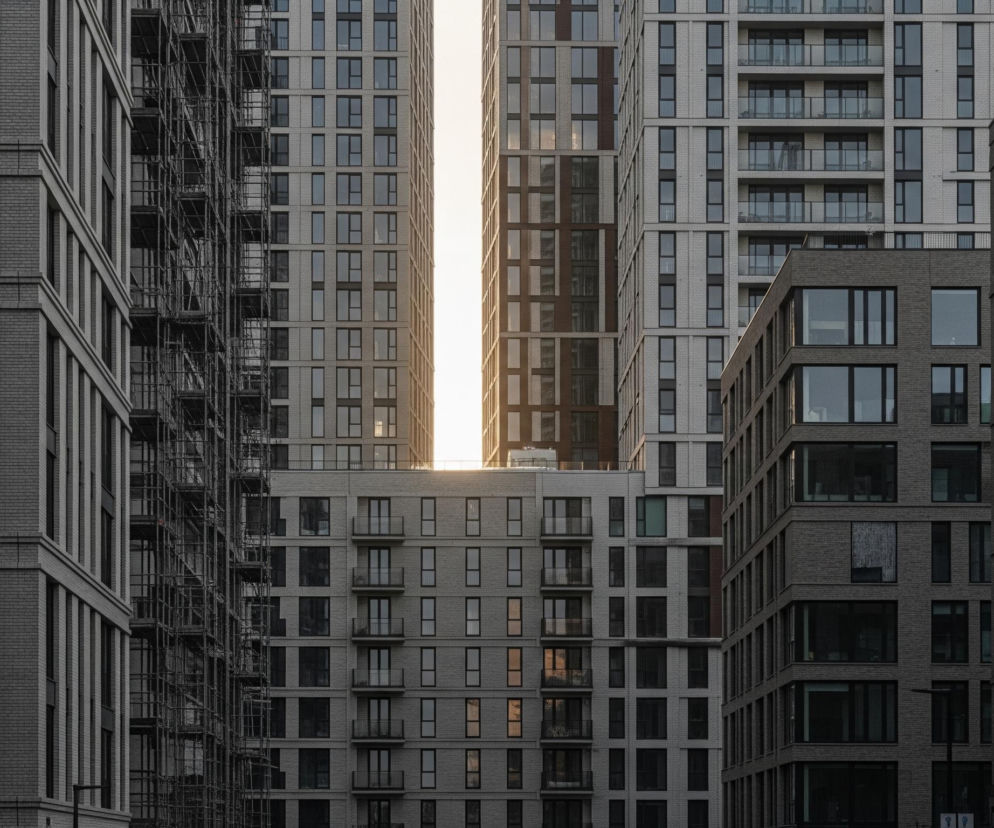 Wysokie budynki mieszkalne o nowoczesnej architekturze dominują w kadrze, tworząc gęstą miejską scenerię. Pomiędzy dwoma centralnymi wieżowcami widoczny jest pionowy pas jasnego światła, prawdopodobnie wschodzącego lub zachodzącego słońca, kontrastujący z zacienionymi elewacjami. Jeden z budynków po lewej stronie jest częściowo pokryty ciemnymi rusztowaniami, wskazując na trwające prace budowlane lub renowacyjne, podczas gdy pozostałe budynki charakteryzują się regularnymi rzędami okien i balkonów. Przeważają szare i ciemnobrązowe odcienie cegły oraz szkła, nadające kompozycji industrialny, surowy charakter.