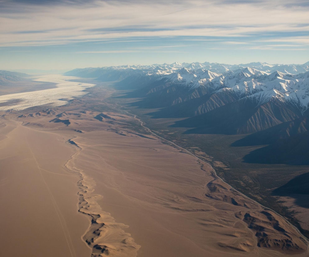 Rozległy krajobraz pustynny rozciąga się pod błękitnym niebem z cienkimi, białymi chmurami. Na pierwszym planie widoczne są piaszczyste wydmy w ciepłych odcieniach brązu i beżu, tworzące nieregularne wzory. Dalej na horyzoncie, pasmo ośnieżonych gór wznosi się majestatycznie, oddzielone od piasku pasem ciemniejszej, prawdopodobnie zalesionej ziemi, z wijącą się przez nią rzeką lub drogą. W tle dominują góry, których szczyty pokryte są śniegiem, a ich stoki tworzą głębokie cienie, nadając scenie dramatycznego charakteru.