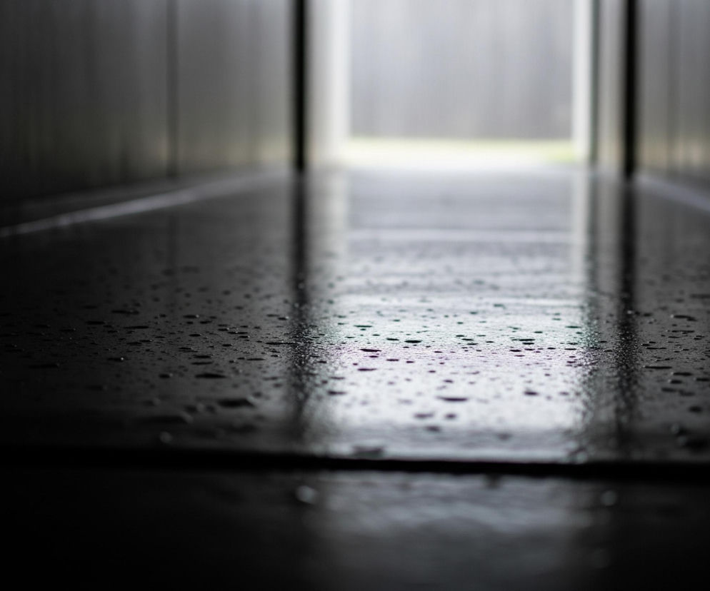 Ciemny korytarz z błyszczącą, mokrą podłogą prowadzi w głąb obrazu. Na czarnej powierzchni widoczne są liczne, drobne kropelki wody, które odbijają światło, tworząc refleksy. Ściany korytarza są ciemne, z wyraźnymi pionowymi liniami paneli, a na końcu korytarza widoczne jest jasne, prostokątne otwarcie, które prowadzi na zewnątrz.