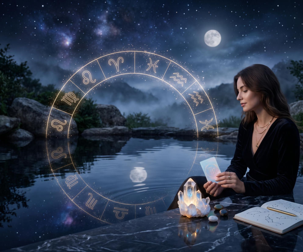 Kobieta przy stawie w nocy trzyma kartę zodiaku. Nad wodą świecący krąg z symbolami. O horoskopie przeczytasz na SE.