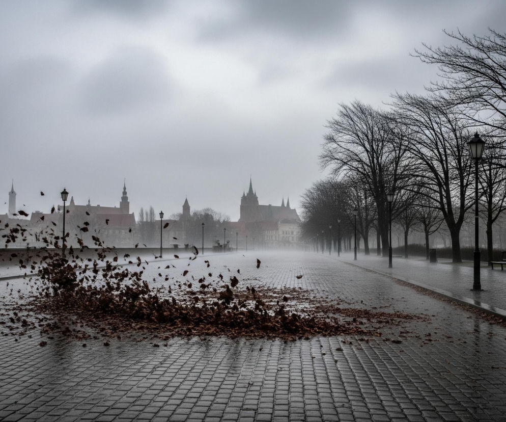 Brukowany plac jest głównym punktem obrazu, gdzie ciemnobrązowe liście są zdmuchiwane przez silny podmuch wiatru, tworząc chmurę unoszących się drobin. Po prawej stronie widoczna jest równoległa aleja wyłożona kostką brukową, otoczona rzędem nagich drzew i latarni miejskich, które ciągną się w głąb obrazu. W tle, pod ciężkim, zachmurzonym niebem, majaczy panorama miasta z charakterystycznymi wieżami i spiczastymi dachami budynków, częściowo zasłonięta mgłą lub opadami.
