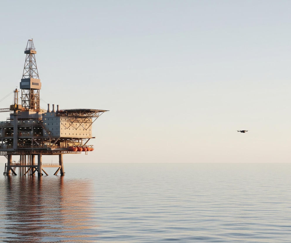 Na obrazie dominuje duża platforma wiertnicza, zajmująca lewą część kadru, z ciemnym dronem w oddali po prawej stronie. Platforma, zbudowana z kratownicowych konstrukcji i solidnych prostokątnych modułów w odcieniach szarości i beżu, posiada wysoką wieżę wiertniczą i lądowisko dla helikopterów oraz pomarańczowe tratwy ratunkowe zwisające z dolnej kondygnacji. Całość stoi na morzu, którego spokojna, lekko falująca tafla odbija światło, tworząc delikatne, poziome prążki, a horyzont dzieli obraz na dwie części: spokojną wodę i bezchmurne, jasne niebo w odcieniach beżu i błękitu.