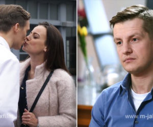 M jak miłość odc. 1149. Magda Marszałek (Anna Mucha), Olek Chodakowski (Maurycy Popiel), Paweł Zduński (Rafał Mroczek)
