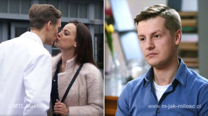 M jak miłość odc. 1149. Magda Marszałek (Anna Mucha), Olek Chodakowski (Maurycy Popiel), Paweł Zduński (Rafał Mroczek)