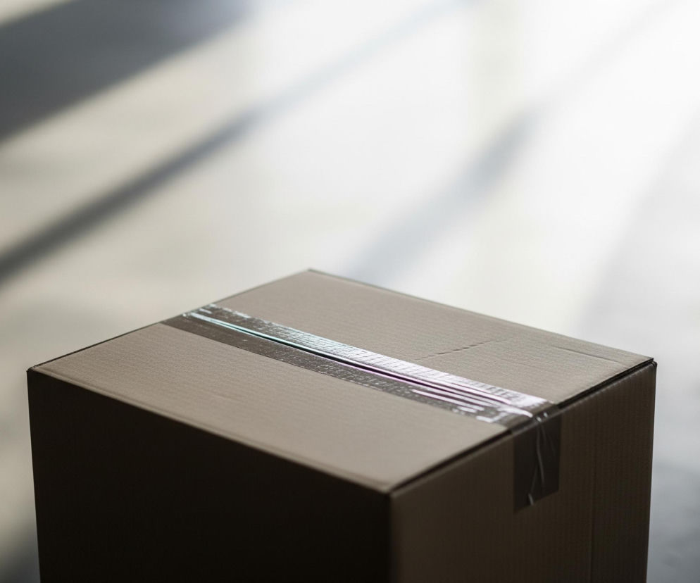 Kartonowe pudełko w neutralnym, beżowym kolorze znajduje się na pierwszym planie, lekko przesunięte w lewo. Górna powierzchnia pudełka jest zamknięta i zaklejona przezroczystą taśmą, która odbija światło, tworząc jasne refleksy. Tło rozmywa się od jasnego, prawie białego obszaru w górnej części, przechodząc w ciemniejsze odcienie szarości i czerni w dolnej części, z widocznymi ukośnymi pasmami światła i cienia.