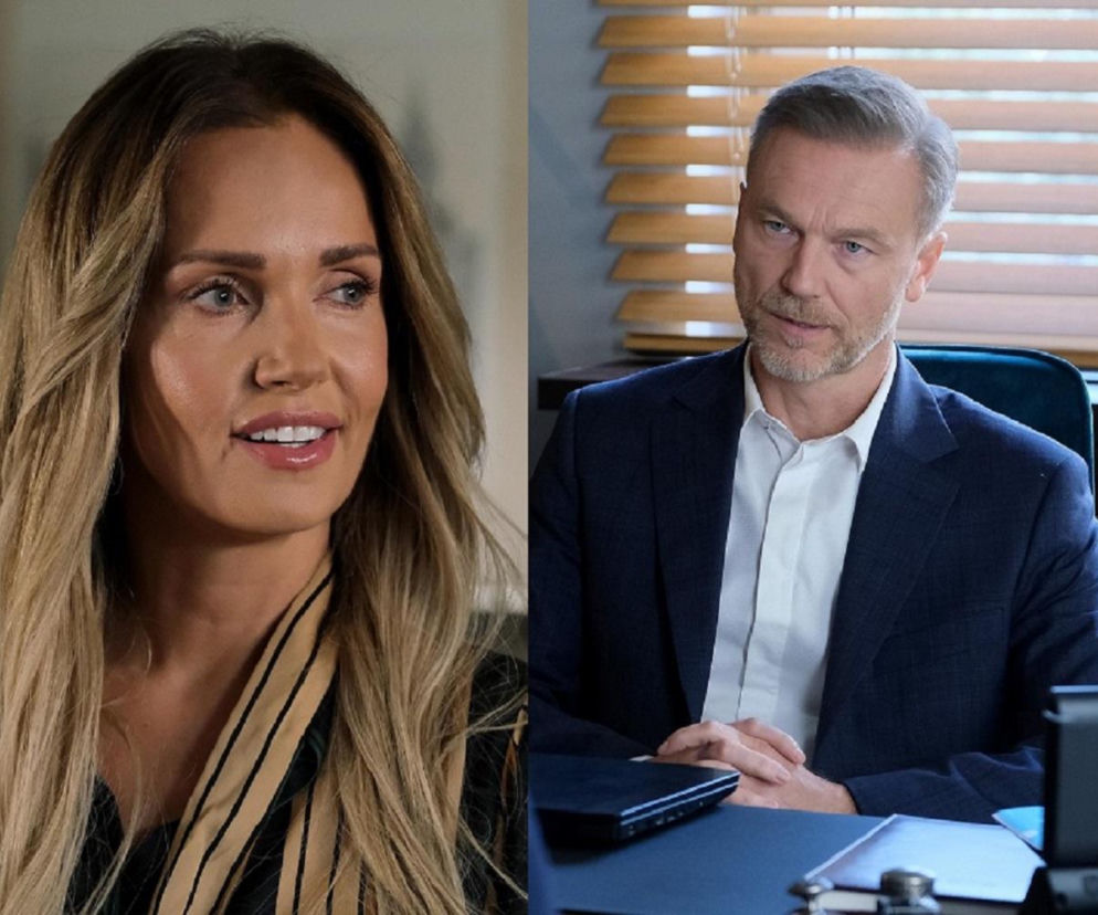 Anna Prus jako Anna Sadowska w koszuli w paski i Krystian Wieczorek jako Andrzej Budzyński w garniturze. Zdjęcie ilustruje odcinek 1912 „M jak miłość”, w którym Anna próbuje uwieść Andrzeja. Więcej o ich relacji przeczytasz na portalu Super Seriale.