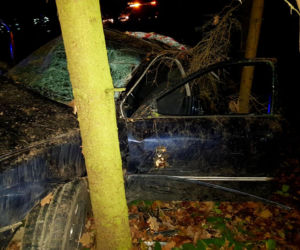 Wypadek pod Sieniawką. Audi roztrzaskało się na słupie