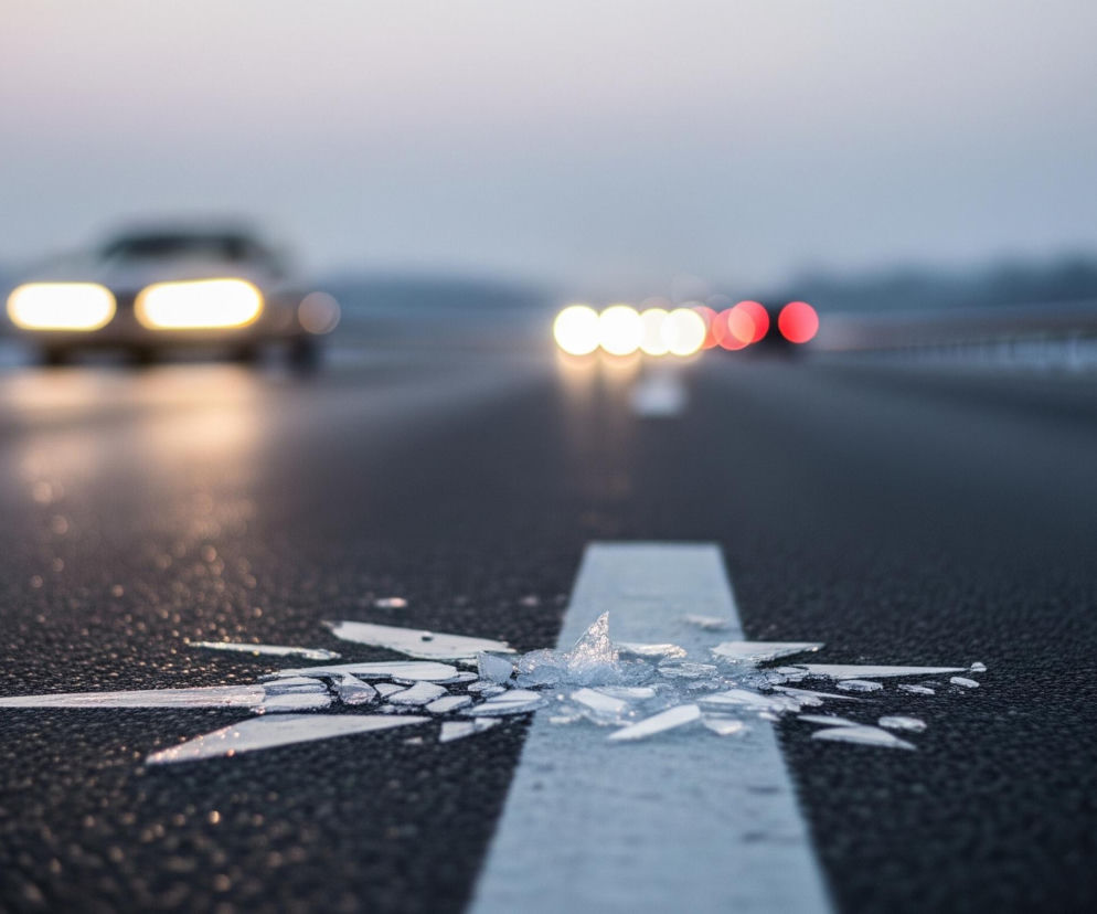 Na pierwszym planie, centralnie, na ciemnym asfalcie drogi, leży roztrzaskany lód, tworzący nieregularny kształt z ostrymi krawędziami. Lód znajduje się na białej, ciągłej linii poziomej, która biegnie przez środek kadru. W tle, droga prowadzi w dal, a po obu stronach widać niewyraźne zarysy barier ochronnych i drzew. Na dalszym planie widoczne są rozmyte światła samochodów: z lewej strony jasne, białe reflektory pojazdu nadjeżdżającego, a z prawej strony szereg żółtych i czerwonych świateł pozycyjnych oraz tylnych świateł hamowania samochodów oddalających się. Całe otoczenie jest spowite szarawym, wieczornym lub porannym światłem.