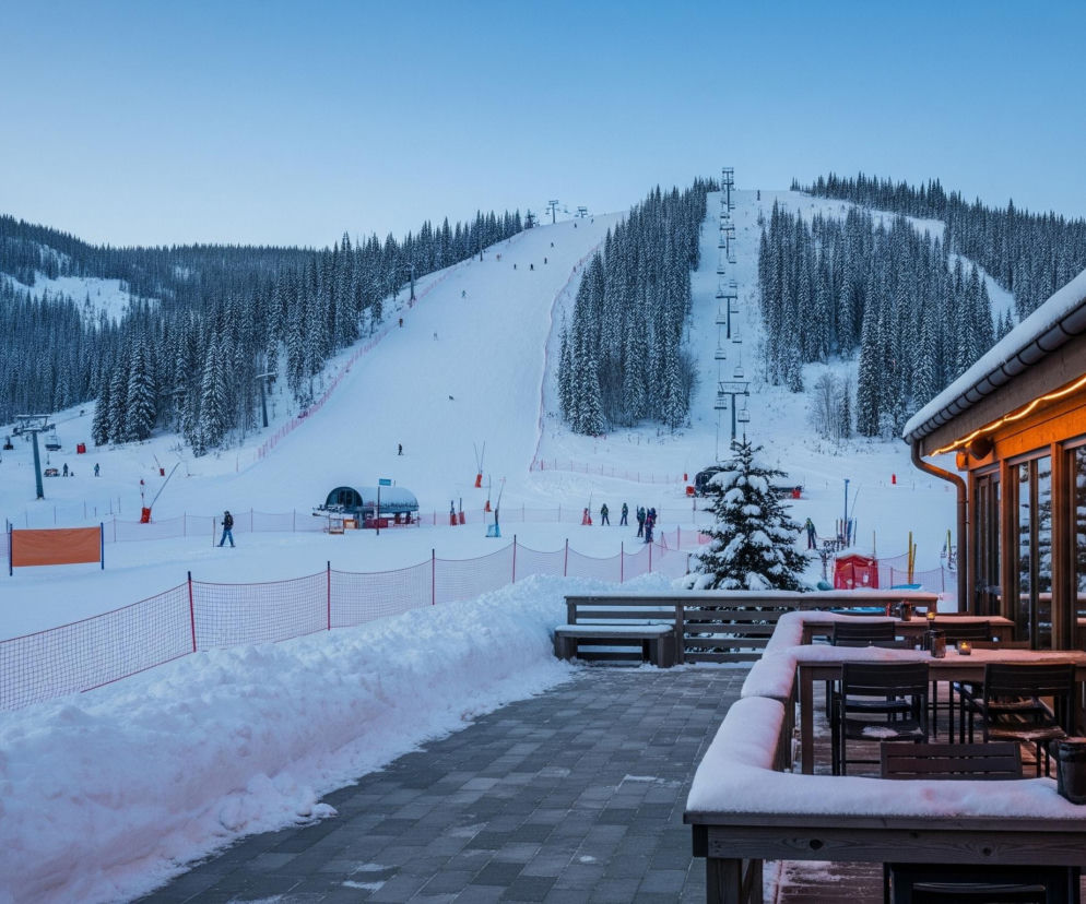 Zimowy krajobraz ukazuje stok narciarski pokryty śniegiem, otoczony gęstym lasem iglastym, rozciągającym się na zboczach góry. Na pierwszym planie, po prawej stronie, znajduje się drewniany budynek z tarasem, na którym widać stoły i krzesła częściowo przysypane śniegiem, a wzdłuż okapu i na balustradach tarasu świecą ciepłym światłem ozdobne girlandy świetlne. Z tarasu rozpościera się widok na szeroki stok narciarski, na którym widać kilka wyciągów krzesełkowych biegnących w górę, a także pojedynczych narciarzy zjeżdżających po białym puchu. Niebo jest bezchmurne, w jasnym odcieniu błękitu, co sugeruje wczesny poranek lub późne popołudnie.