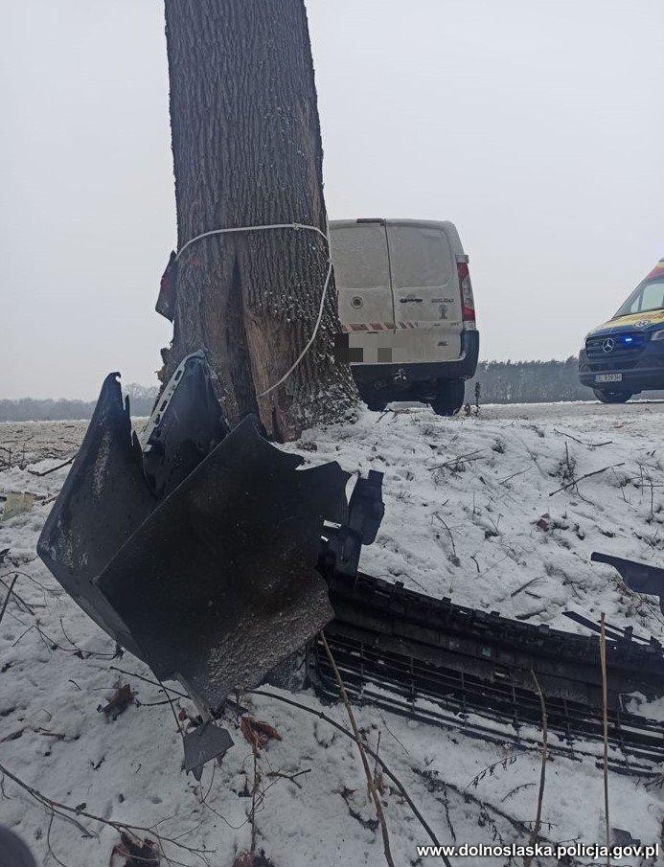 Roztrzaskał dostawczaka na drzewie. Gdy policjanci zajrzeli do bagażnika, zamarli