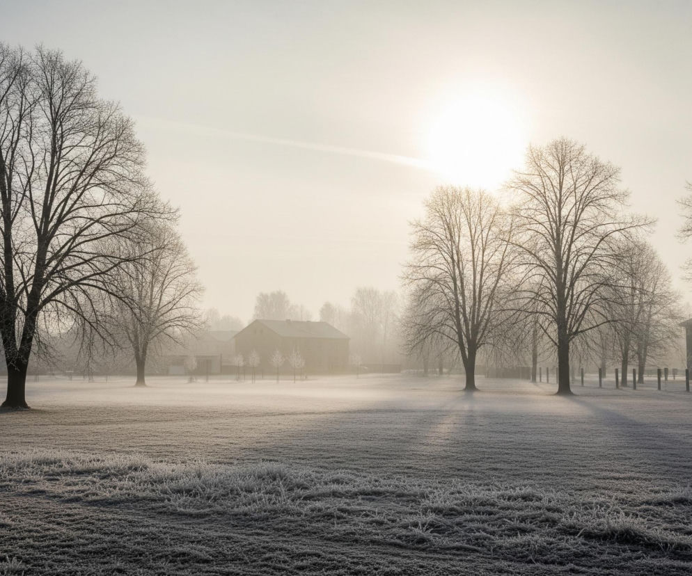Słoneczny, zamglony poranek w rozległym, otwartym krajobrazie z licznymi nagimi drzewami o delikatnych gałęziach. W tle po lewej stronie znajduje się ciemny, prostokątny budynek z czterema małymi, kwadratowymi oknami, po prawej stronie w tle rozciąga się drugi, podobny, ciemny budynek z trzema białymi, prostokątnymi oknami. Gęste, najeżone trawy pokryte szronem rozciągają się od pierwszego planu po horyzont, w centrum kompozycji intensywne światło słońca tworzy promienie świetlne przebijające się przez mgłę. Po prawej stronie widać szereg niskich, ciemnych słupków.