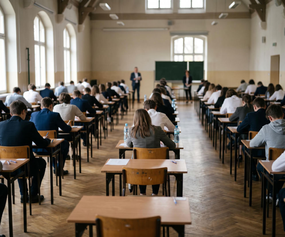 Uczniowie piszący egzamin w dużej sali lekcyjnej. O wynikach matur 2026 w Krakowie przeczytasz na SE.