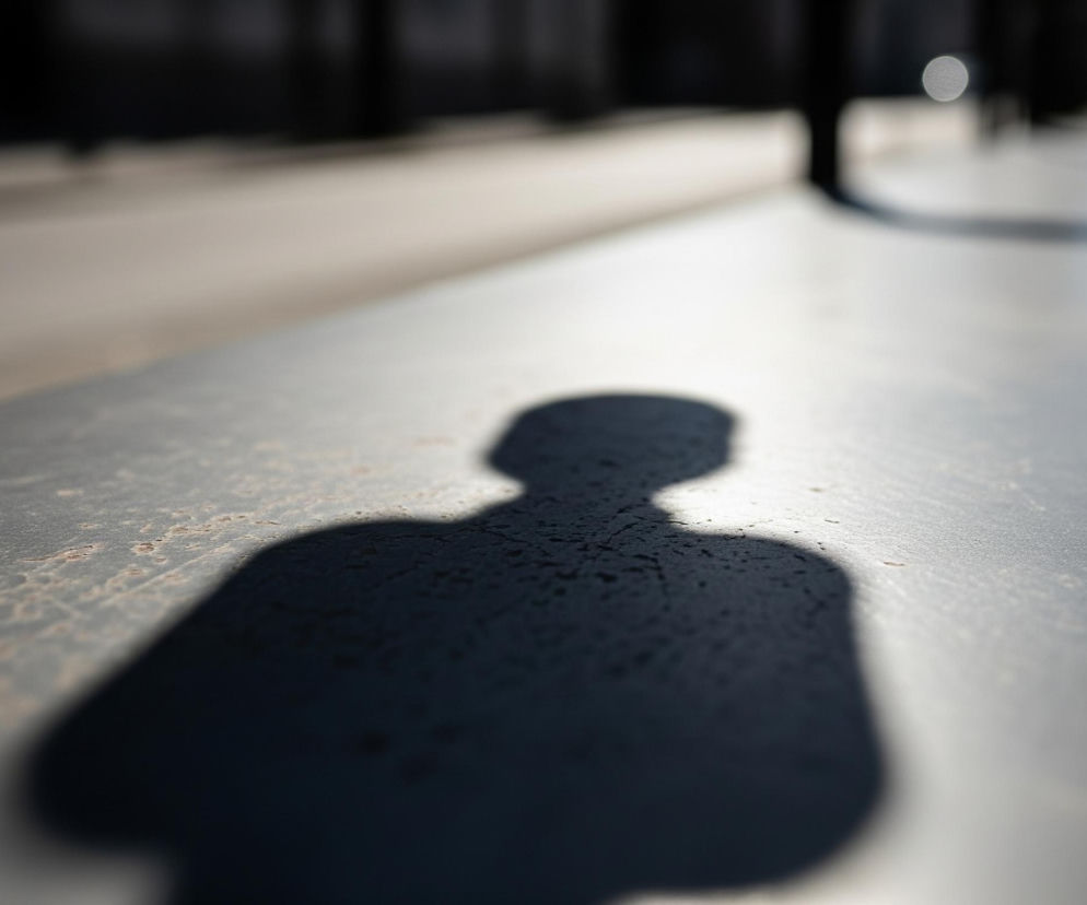 Głęboki, ciemny cień w kształcie sylwetki człowieka z okrągłą głową, szerokimi ramionami i zwężającym się korpusem rzuca się na pierwszy plan i środek szarej, chropowatej powierzchni, która wydaje się być blatem. Powierzchnia ta, miejscami lekko porysowana, przechodzi od ciemnoszarego koloru w lewej dolnej części do jaśniejszego, beżowego odcienia w górnej prawej części obrazu, oświetlonego słońcem. W tle widać rozmazane, ciemne kształty obiektów oraz kilka jasnych, okrągłych punktów świetlnych.