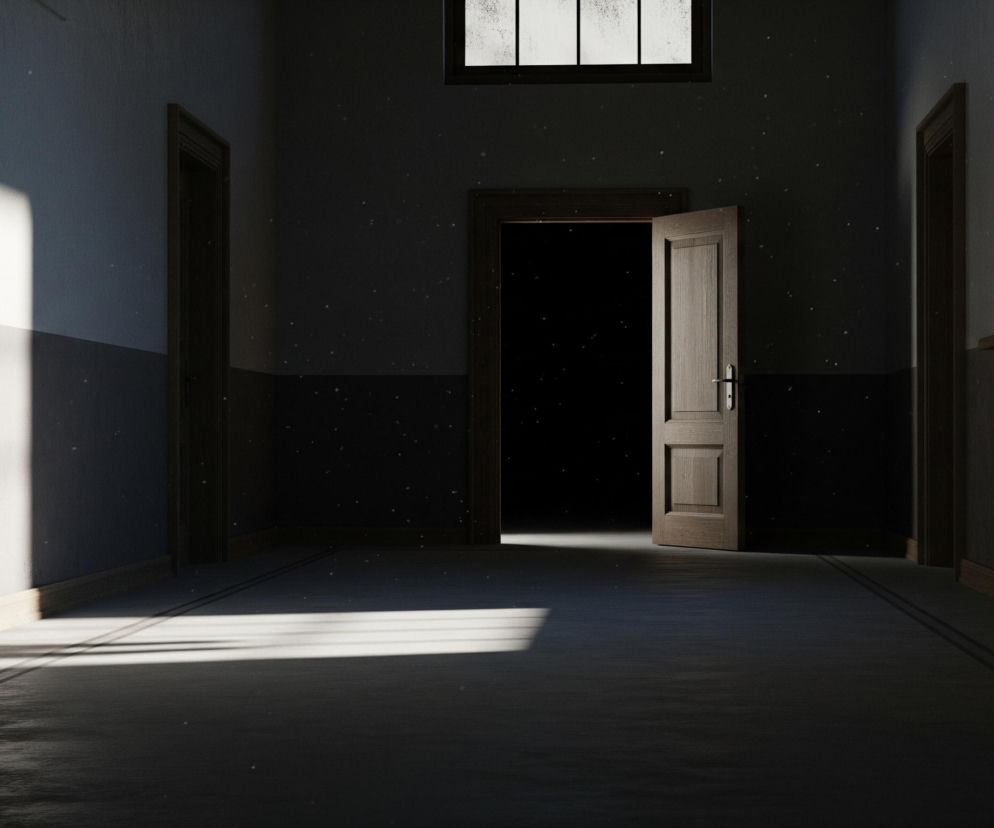 Długi, ciemny korytarz rozświetlają wpadające z zewnątrz smugi światła. Na lewej ścianie, w jasnym prostokącie światła, widoczny jest wyraźny, wydłużony cień ludzkiej sylwetki. Na wprost, w oddali, znajdują się otwarte drzwi, przez które widać jedynie ciemność usianą drobnymi, jasnymi punkcikami, co sugeruje nocne niebo lub odległe światła.

Po lewej stronie znajduje się również zamknięte, ciemne drzwi, a po prawej stronie kolejne ciemne drzwi oraz okno z drewnianymi ramami, przez które wpada delikatne światło. Ściany korytarza są dwukolorowe – górna część jest jasnoszara, a dolna, od podłogi do około połowy wysokości, jest ciemnoszara lub granatowa. Podłoga jest ciemna, a w powietrzu unoszą się liczne, drobne pyłki, rozświetlone przez promienie światła.