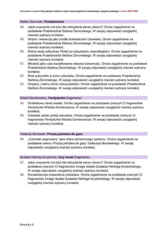 Pytania jawne na maturę ustną z języka polskiego 2026. CKE podała listę