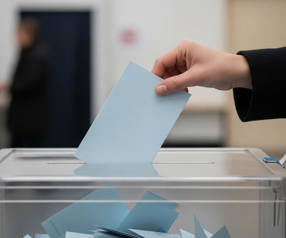 W prawym górnym rogu ujęto dłoń osoby, która wrzuca jasnoniebieską kartkę do przezroczystej urny wyborczej. Dłoń jest jasnej karnacji, z krótkimi paznokciami, a na nadgarstku widoczny jest fragment czarnego, materiałowego rękawa. Urna stoi na czymś, co wydaje się być szarą powierzchnią stołu, a jej wnętrze jest wypełnione licznymi, złożonymi lub częściowo złożonymi, jasnoniebieskimi kartkami. W tle, po lewej stronie obrazu, widać zamazaną sylwetkę osoby o krótkich, rudawych włosach, stojącej obok jasnej, pionowej przesłony.